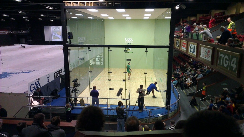 The 4-Wall Show Court. World Champion Paul Brady playing in green.